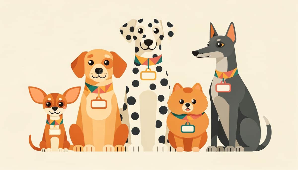 Five different dog breeds sitting together with name tags