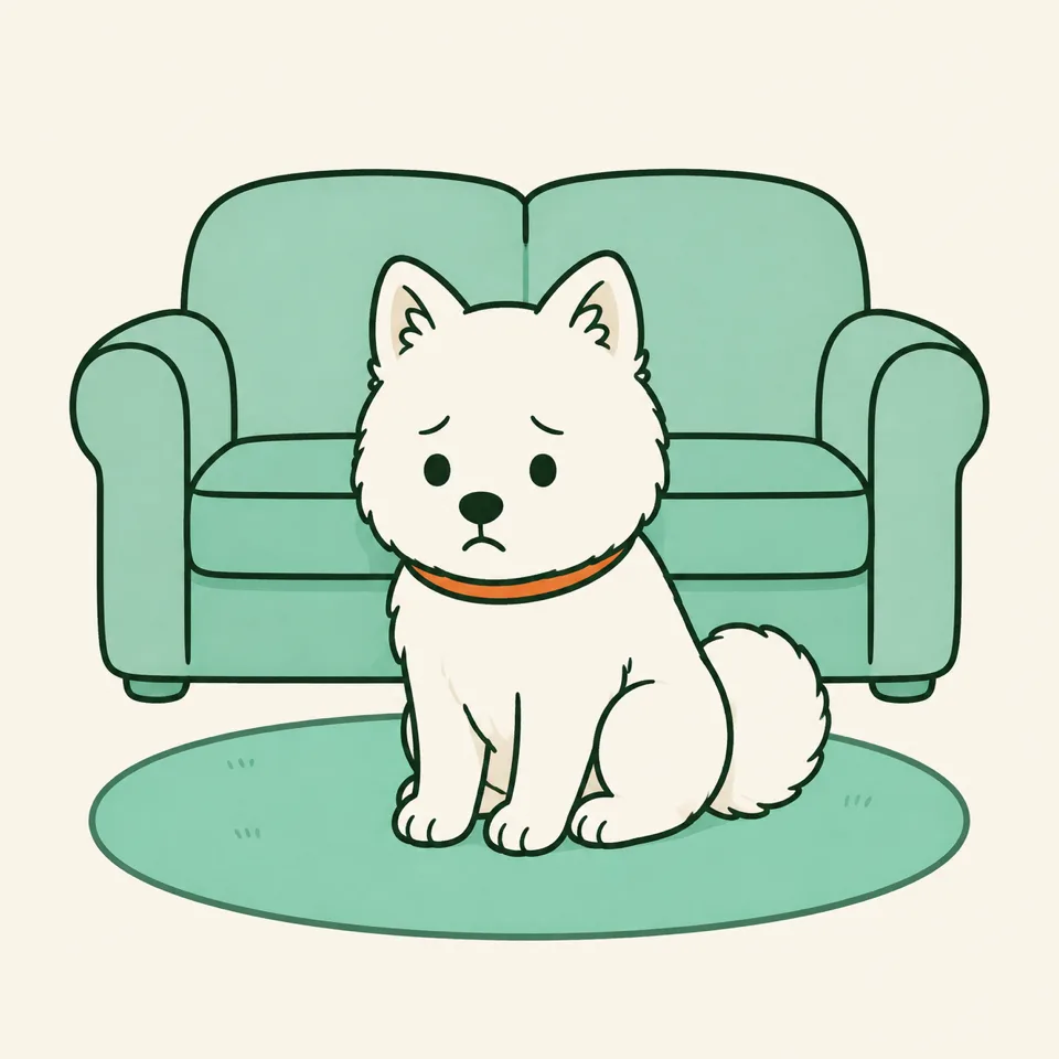Hund sitzt allein vor einem Sofa