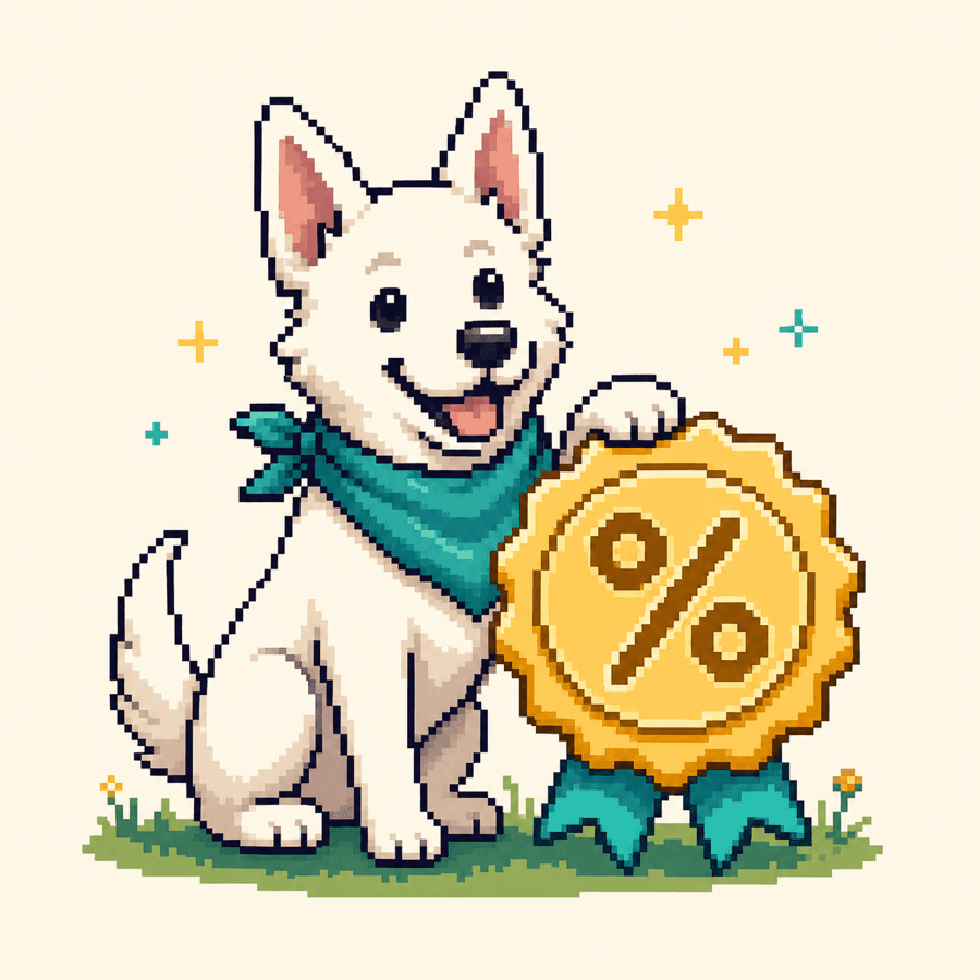Pixel mascot of a white dog with pointy ears and an award