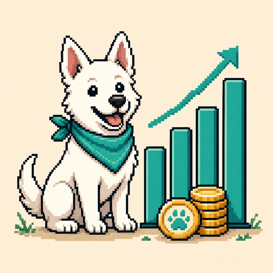 Pixelgrafik eines weißen Hundes mit spitzen Ohren und wachsendem Diagramm