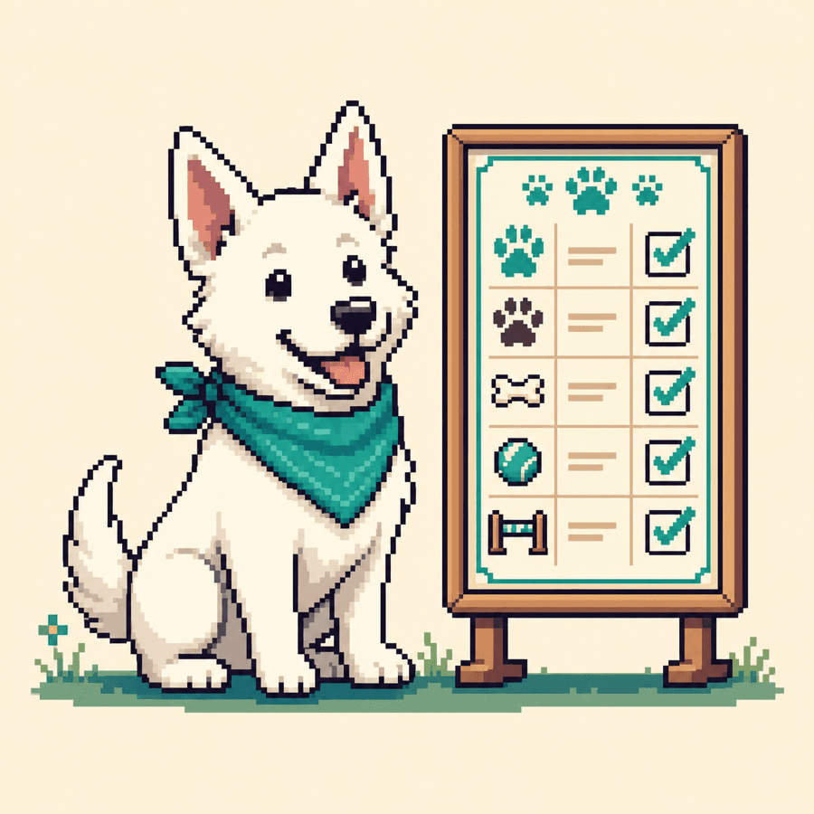 Pixelgrafik eines weißen Hundes mit spitzen Ohren und Trainingscheckliste