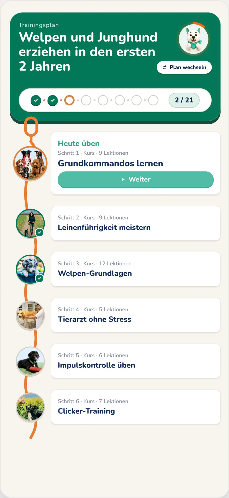 Hundeo App: persönlicher Trainingsplan mit Schritten und Fortschritt