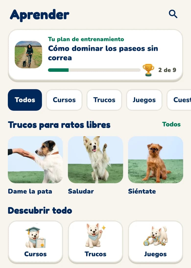 Sección Aprender de la app Hundeo con el plan de entrenamiento, trucos y cursos