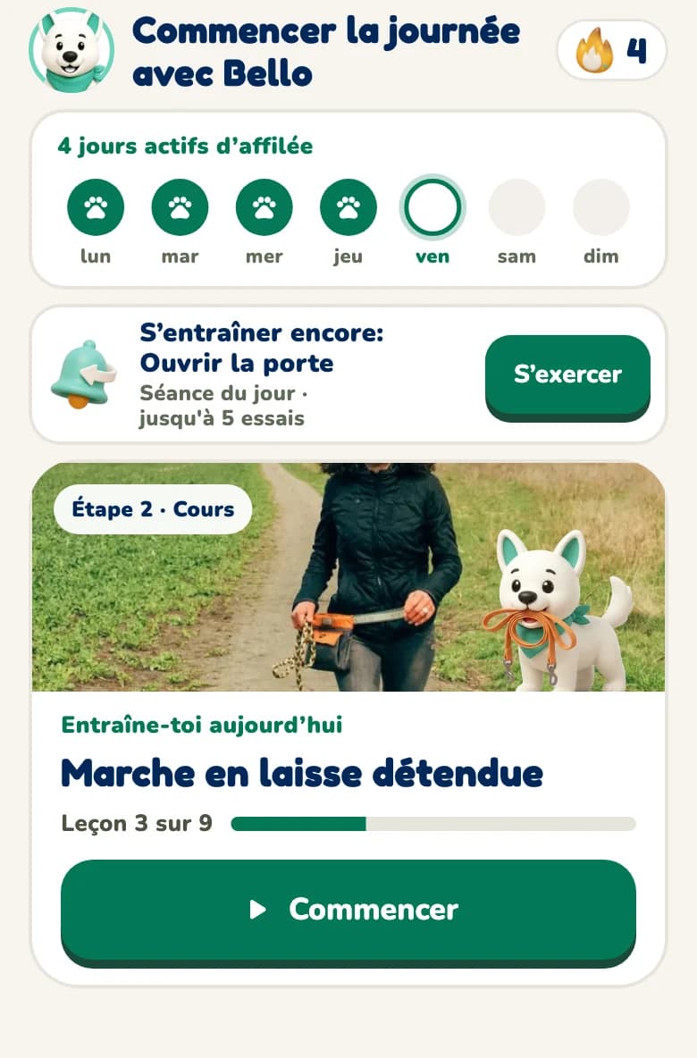Vue Aujourd'hui de l'application Hundeo avec la leçon du jour et la progression du cours