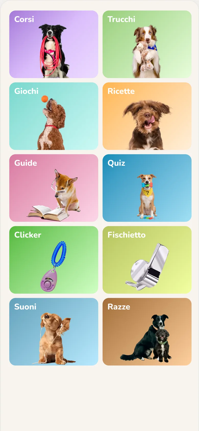 App Hundeo: area Scopri con corsi, trucchi, giochi e guide