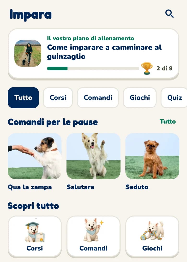 Sezione Impara dell'app Hundeo con il piano di allenamento, comandi e corsi