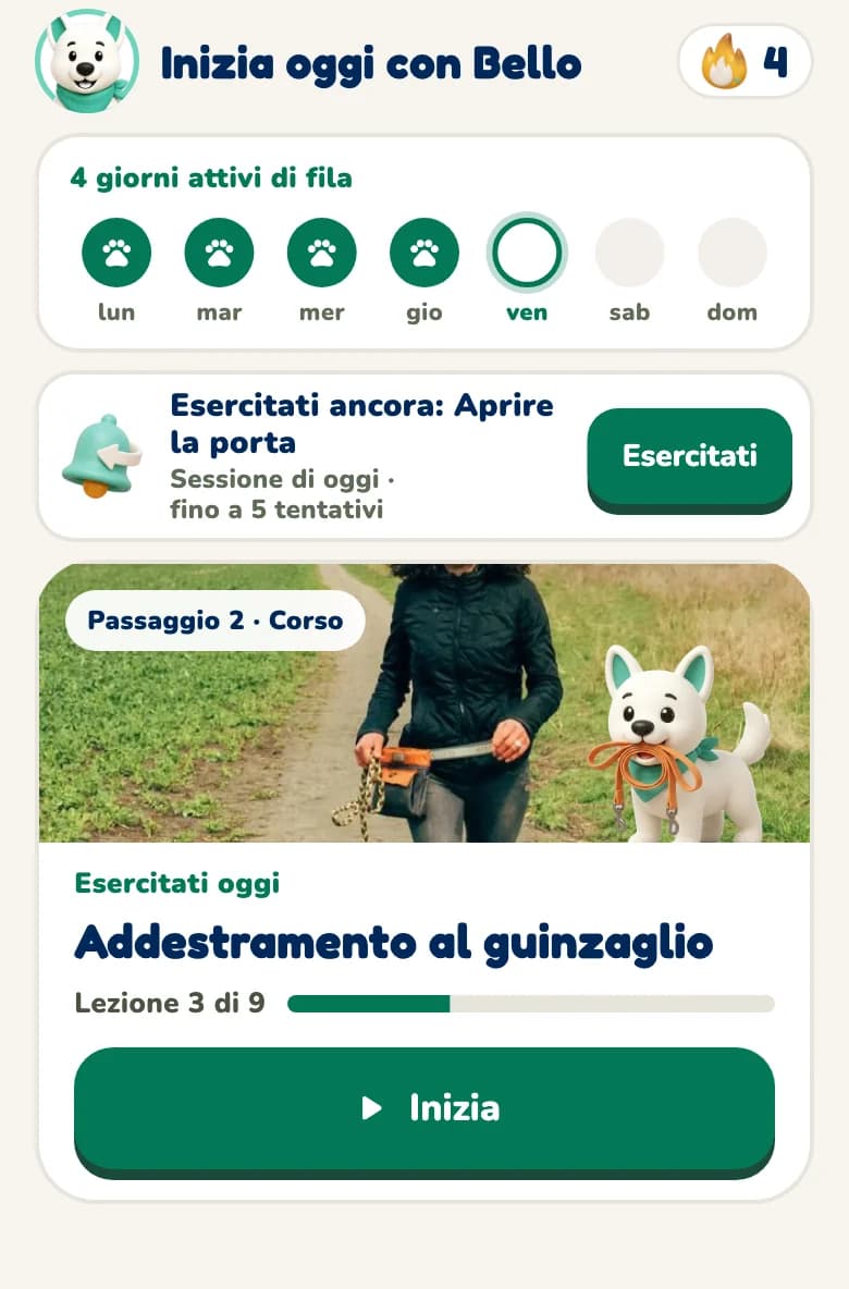 Vista Oggi dell'app Hundeo con la lezione di oggi e i progressi del corso