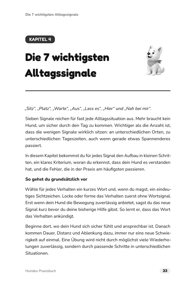 Buchseite 33: Auftakt von Kapitel 4, Die 7 wichtigsten Alltagssignale: Sitz, Platz, Warte, Aus, Lass es, Hier und Nah bei mir.