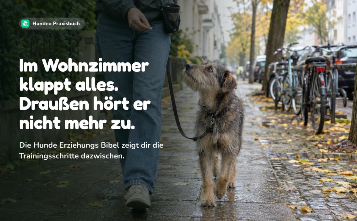 Ein Hund an der Leine schaut auf einem nassen Gehweg zu seinem Menschen auf. Im Wohnzimmer klappt alles. Draußen hört er nicht mehr zu. Die Hunde Erziehungs Bibel zeigt dir die Trainingsschritte dazwischen.