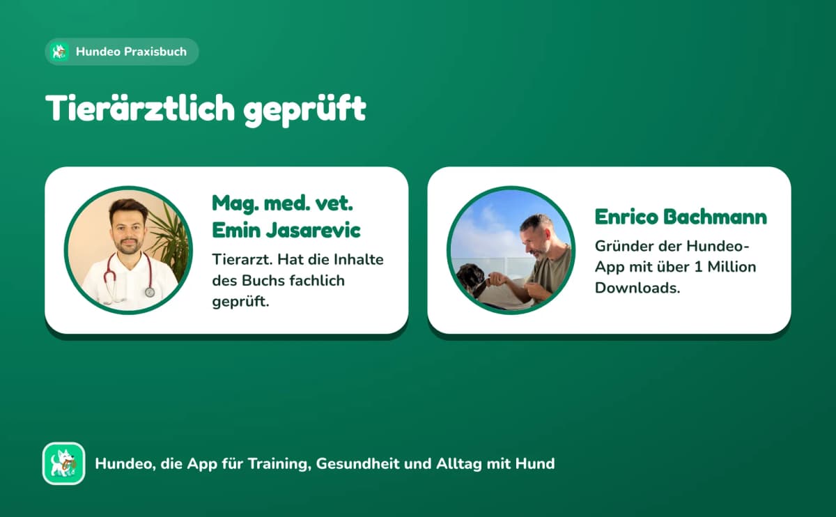 Tierärztlich geprüft: Mag. med. vet. Emin Jasarevic, Tierarzt, hat die Inhalte des Buchs fachlich geprüft. Enrico Bachmann ist Gründer der Hundeo-App mit über 1 Million Downloads.