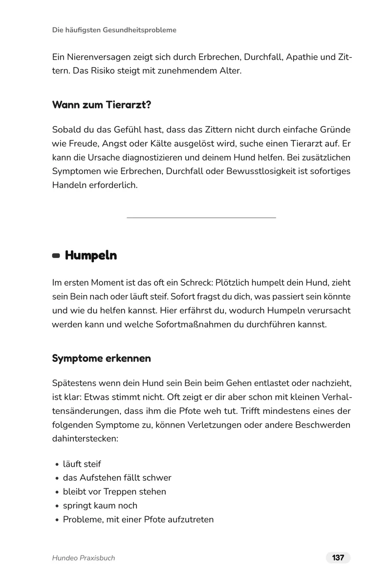 Buchseite 137: Humpeln, wann der Hund zum Tierarzt muss und an welchen Symptomen du eine Verletzung erkennst.