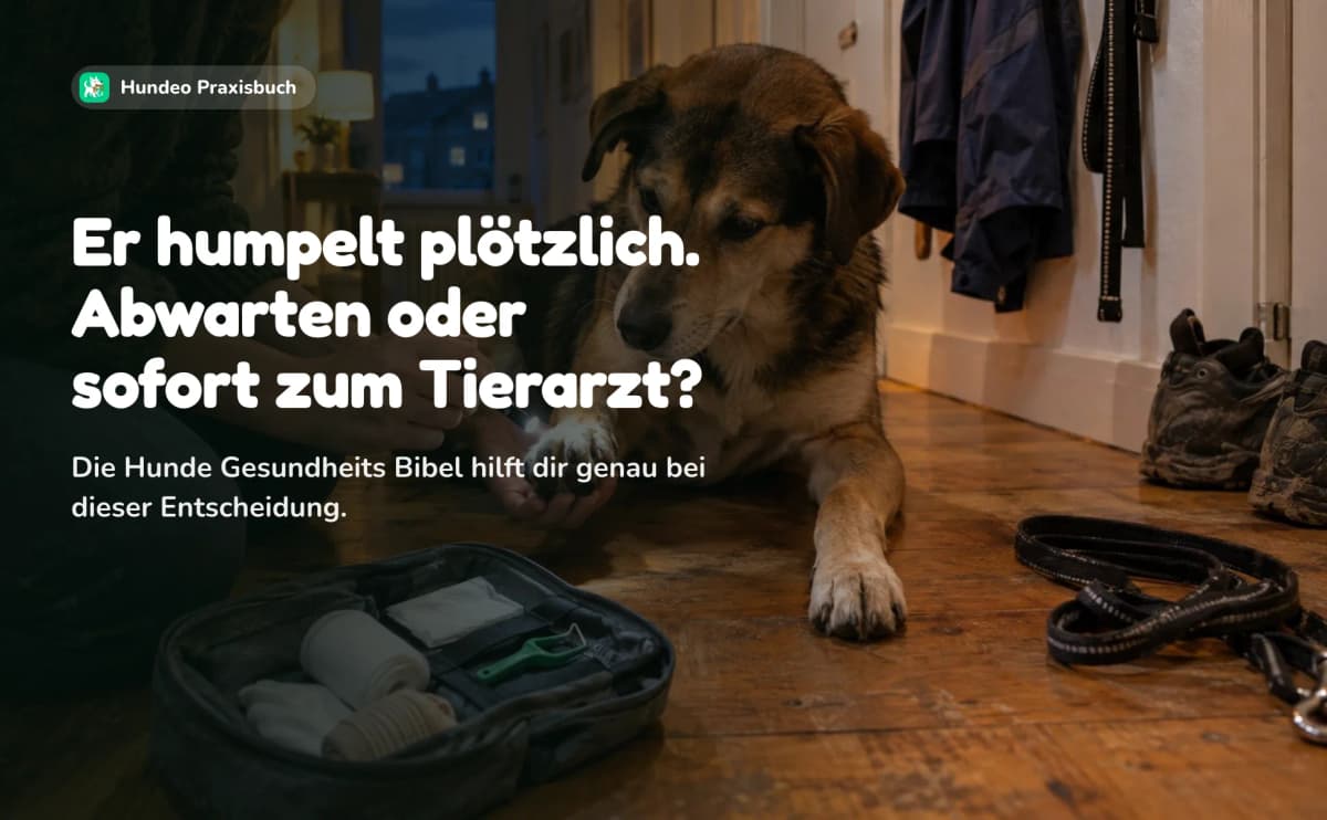 Ein Hund liegt im Flur neben einer offenen Erste-Hilfe-Tasche. Er humpelt plötzlich. Abwarten oder sofort zum Tierarzt? Die Hunde Gesundheits Bibel hilft dir genau bei dieser Entscheidung.