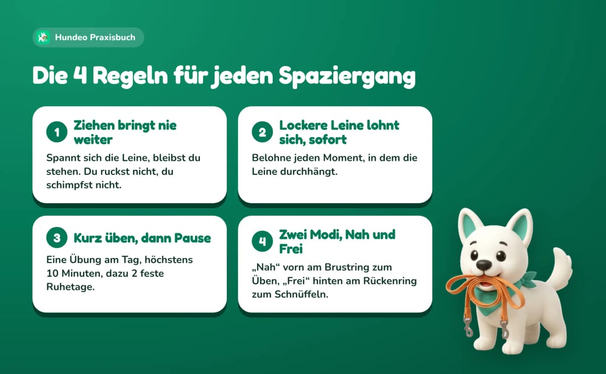 Die 4 Regeln für jeden Spaziergang: 1. Ziehen bringt nie weiter, spannt sich die Leine, bleibst du stehen, ohne Rucken und Schimpfen. 2. Lockere Leine lohnt sich, sofort: Belohne jeden Moment, in dem die Leine durchhängt. 3. Kurz üben, dann Pause: eine Übung am Tag, höchstens 10 Minuten, dazu 2 feste Ruhetage. 4. Zwei Modi, Nah und Frei: „Nah“ vorn am Brustring zum Üben, „Frei“ hinten am Rückenring zum Schnüffeln.