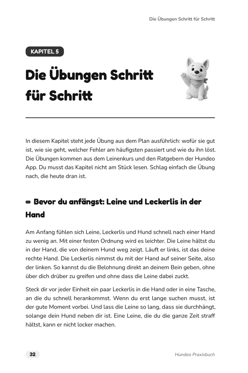 Buchseite 32: Auftakt von Kapitel 5, Die Übungen Schritt für Schritt, mit dem Einstieg: Leine und Leckerlis in der Hand.