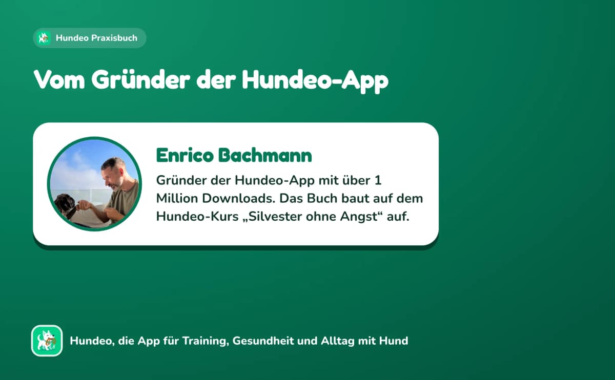 Vom Gründer der Hundeo-App: Enrico Bachmann, Gründer der Hundeo-App mit über 1 Million Downloads. Das Buch baut auf dem Hundeo-Kurs „Silvester ohne Angst“ auf.
