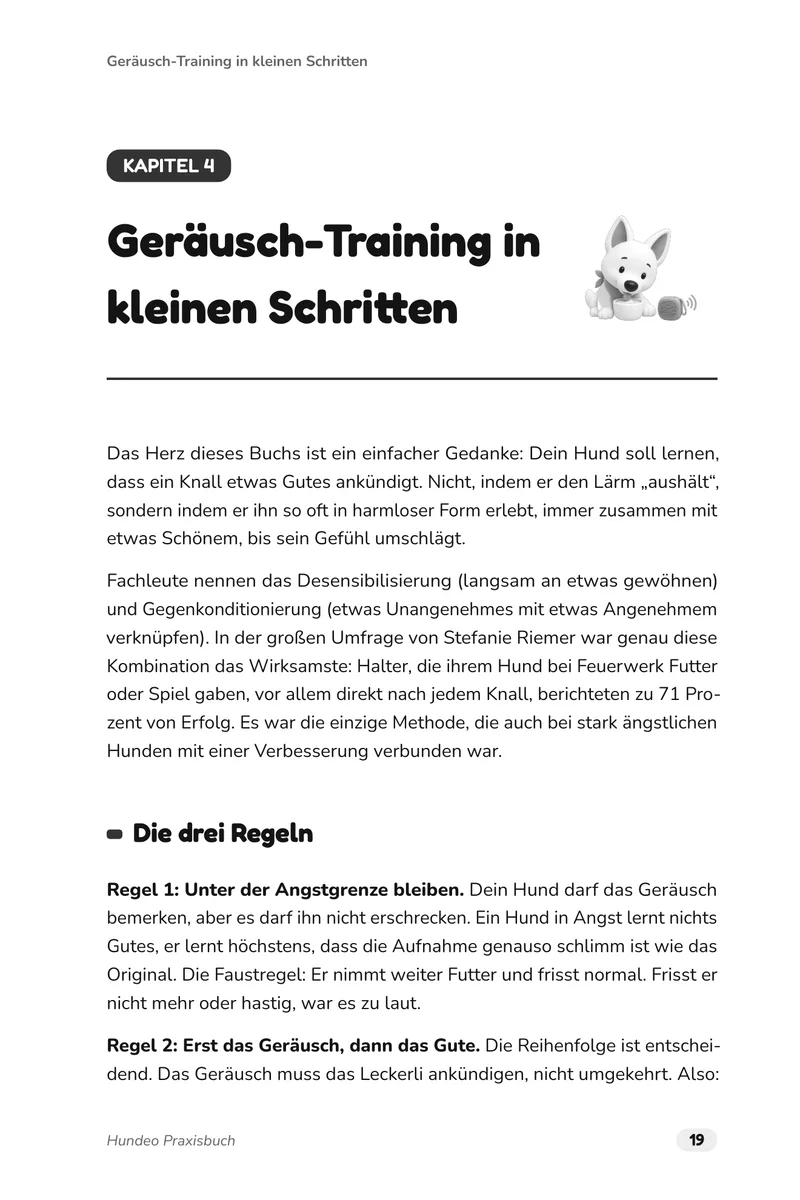 Buchseite 19: Auftakt von Kapitel 4, Geräusch-Training in kleinen Schritten, mit dem Grundgedanken, dass ein Knall etwas Gutes ankündigt, und den 3 Regeln.