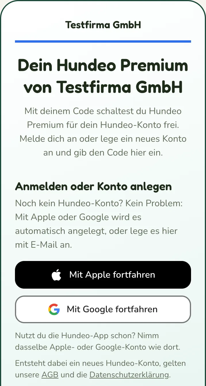 Ejemplo de la página de canje de Hundeo para la empresa Testfirma GmbH en el móvil: titular e inicio de sesión con Apple o Google