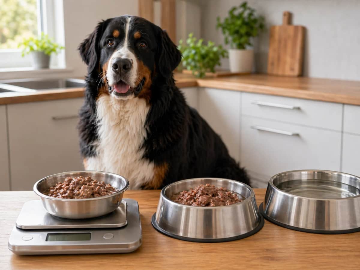 Portionsplanung für große Hunde mit Küchenwaage, Nassfutter-Portionen und Wassernapf neben einem großen Berner Sennenhund.