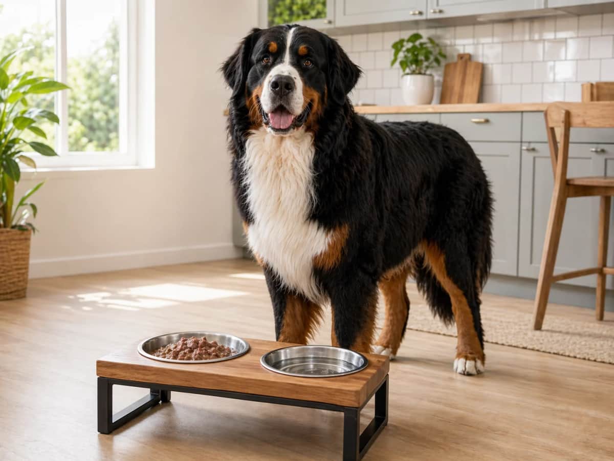 Großer Berner Sennenhund steht in einer hellen Küche neben einer erhöhten Futterstation mit Nassfutter und Wasser.