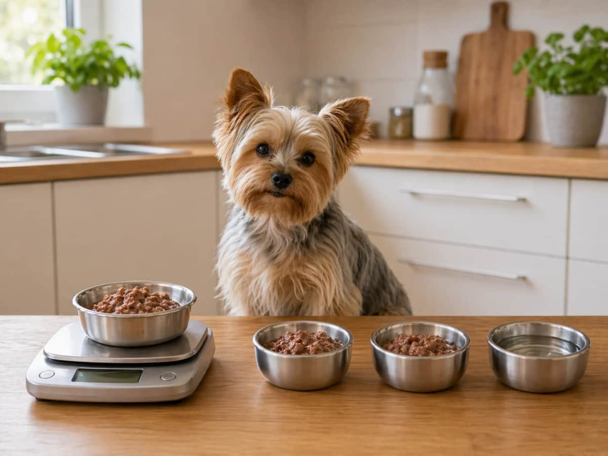 Portionsplanung für kleine Hunde mit Küchenwaage, kleinen Nassfutter-Portionen und Wassernapf neben einem Yorkshire Terrier.