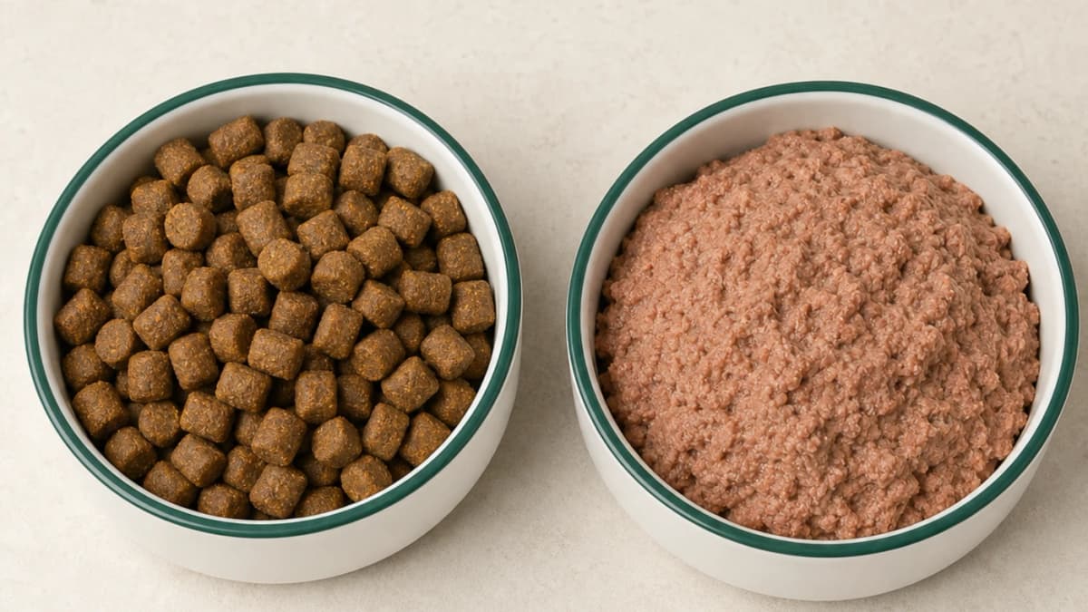 Yarrah Bio Adult Huhn Trockenfutter und Bio Paté Huhn in zwei Hundeo Näpfen