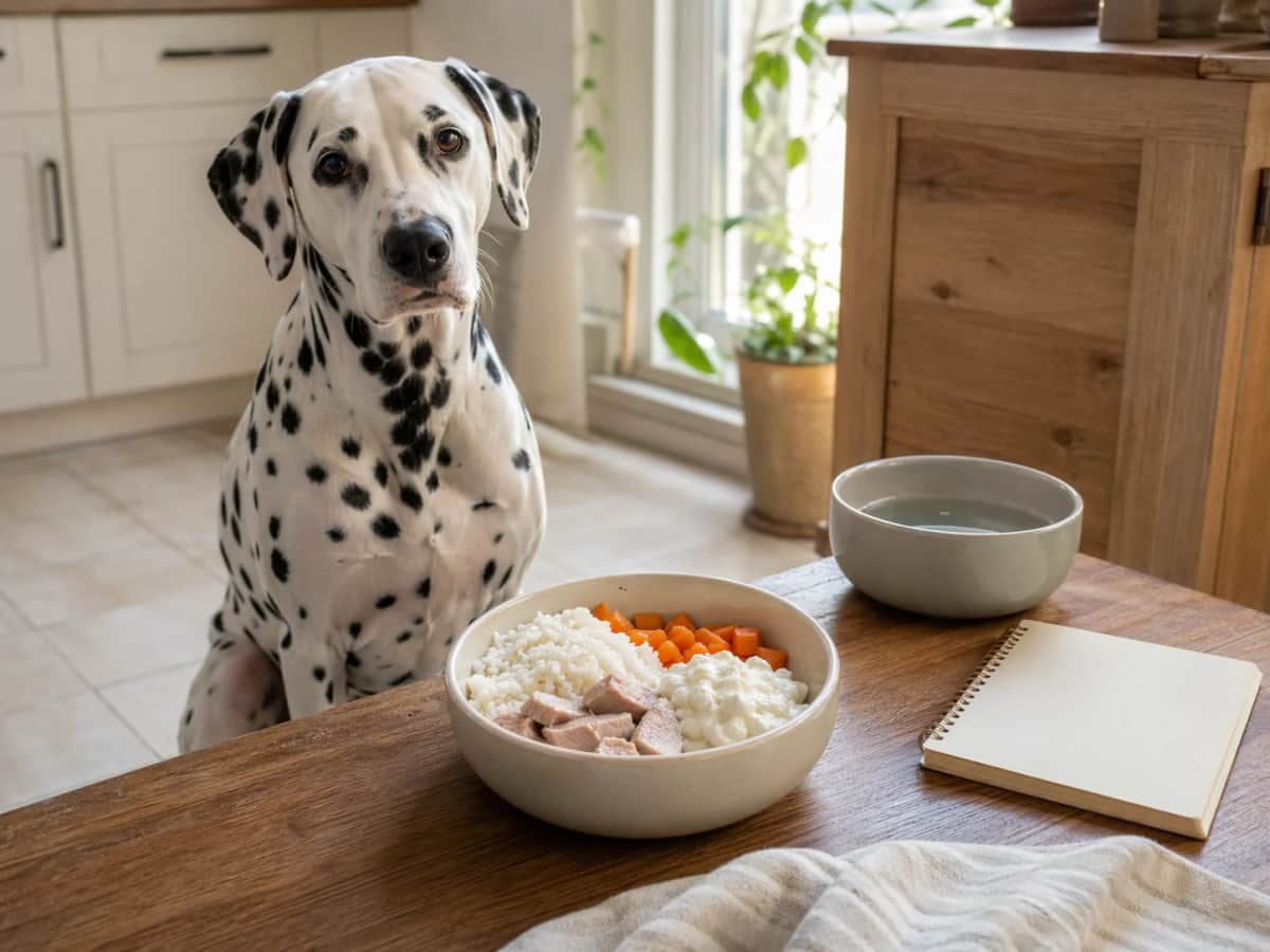 Ein Dalmatiner sitzt in einer hellen Küche neben einem Futternapf mit Reis, Karotten, magerem Fleisch und Quark sowie einem Wassernapf. Die Szene zeigt eine kontrollierte Fütterung bei rassebedingtem Purin-Stoffwechsel.
