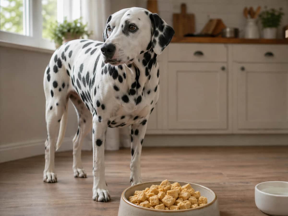Ein Dalmatiner steht in einer hellen Küche vor einem Futternapf mit goldenen purinarmen Futterwürfeln. Daneben steht ein Wassernapf als Hinweis auf die wichtige Flüssigkeitsaufnahme bei spezieller Ernährung.
