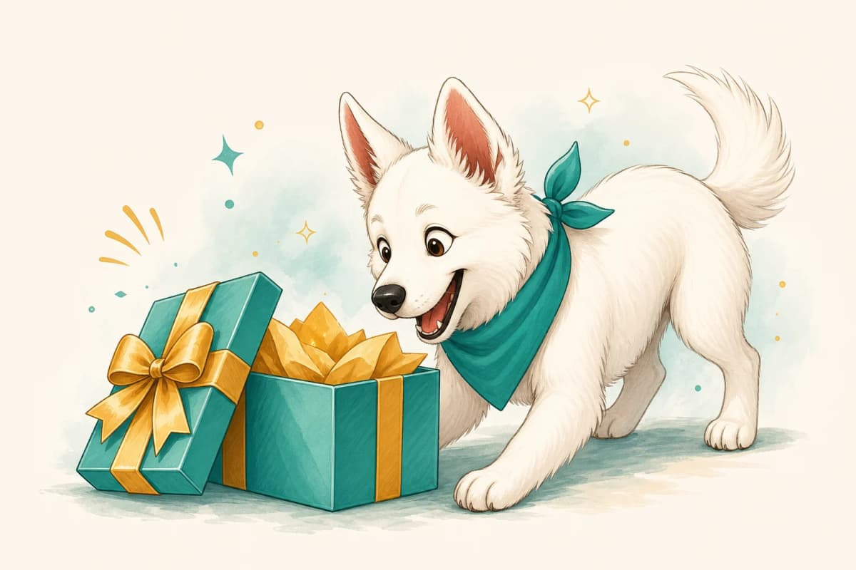 Ilustración de un perro Hundeo feliz ante una caja regalo abierta