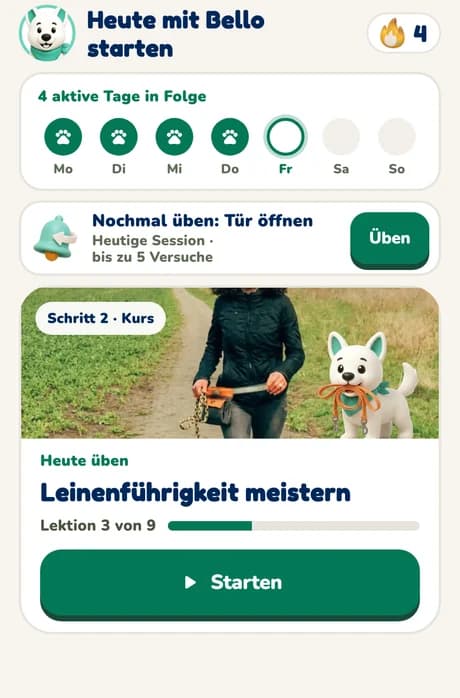 Heute-Ansicht der Hundeo App mit der Übung für heute und dem Fortschritt im Kurs