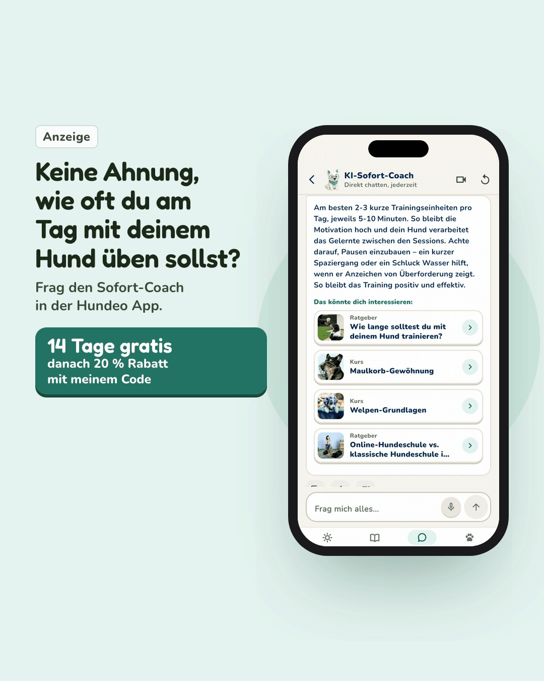Vorschau aus der Hundeo App: Sofort-Coach, Mit Text