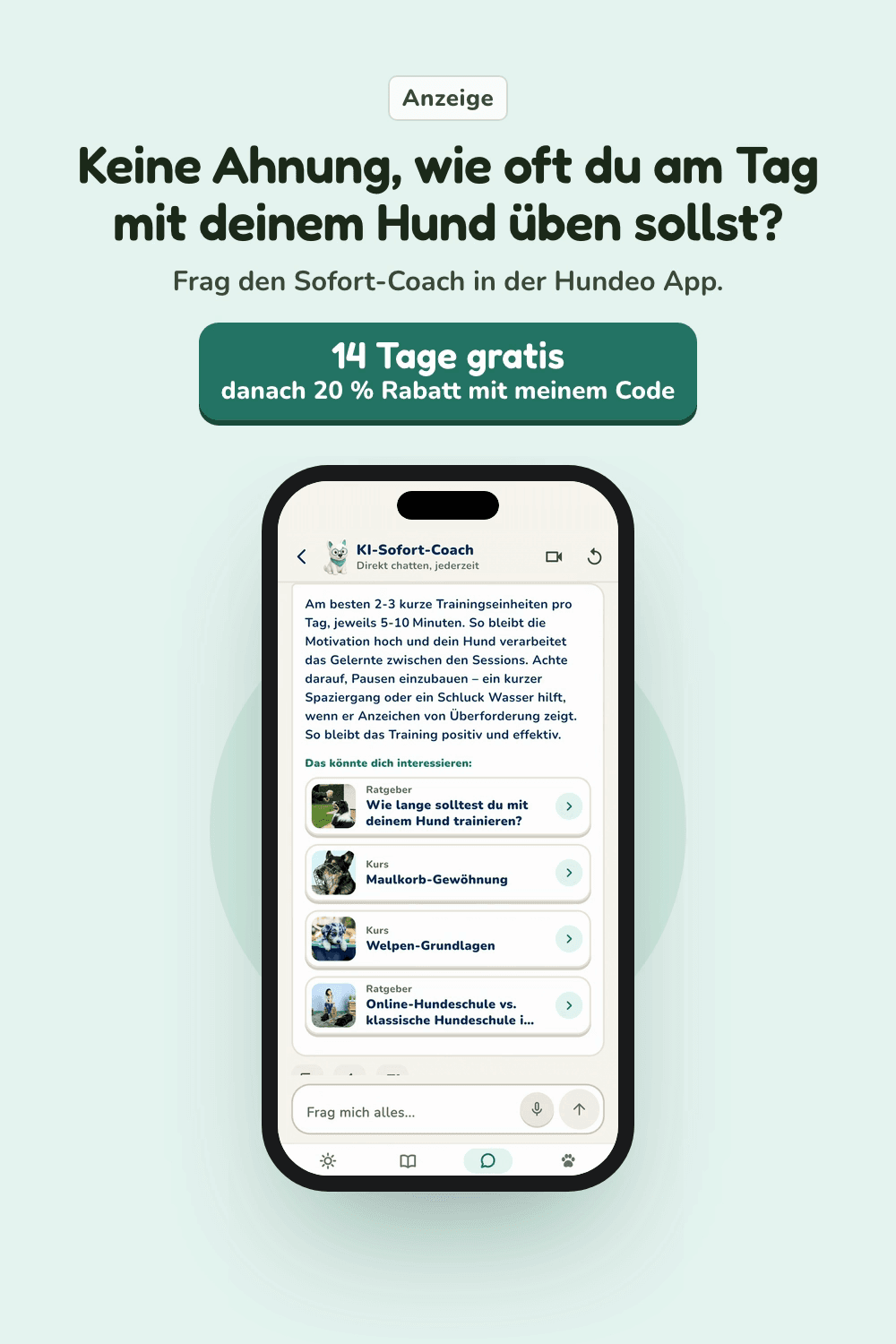 Vorschau aus der Hundeo App: Sofort-Coach, Mit Text