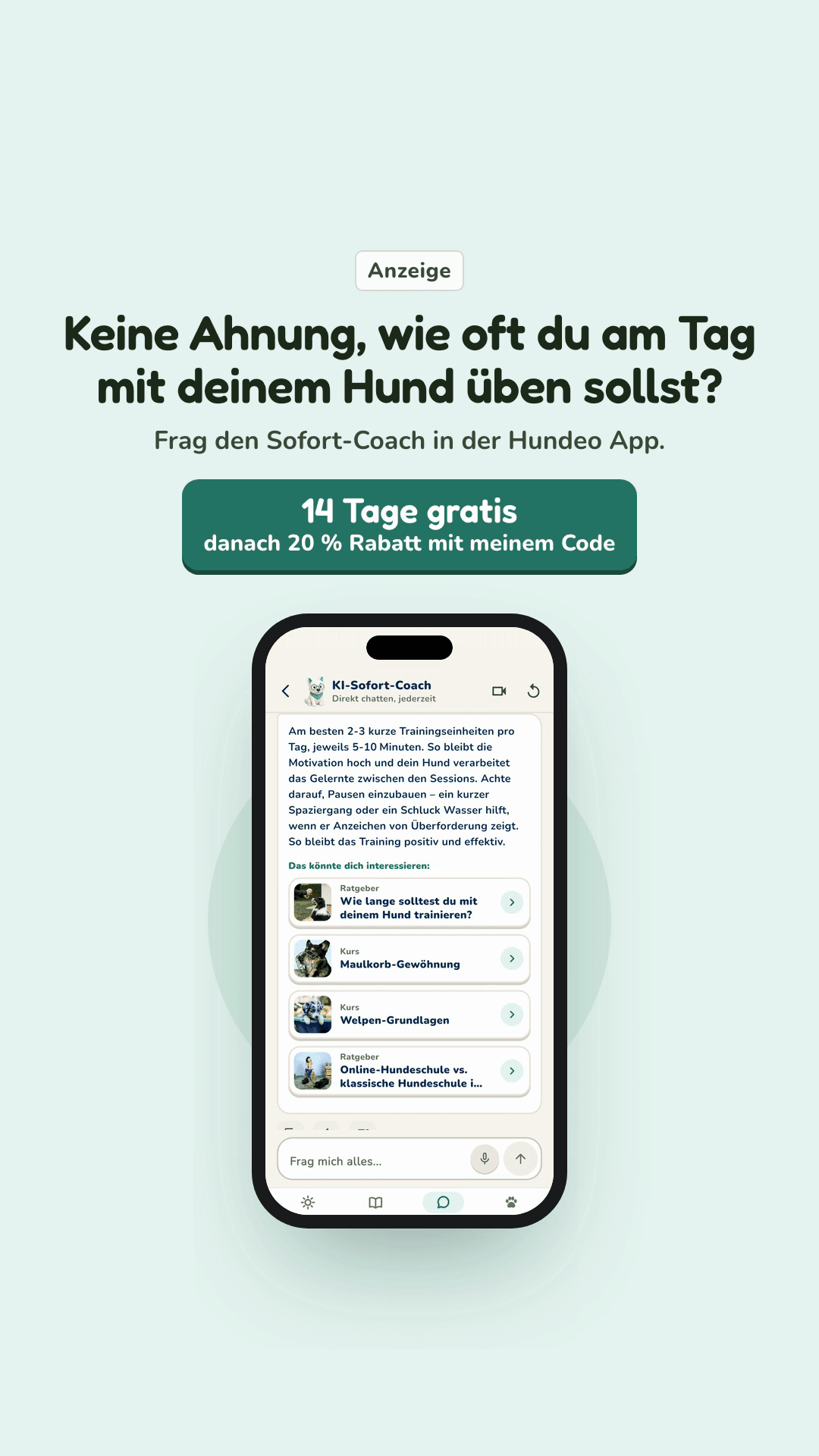 Vorschau aus der Hundeo App: Sofort-Coach, Mit Text
