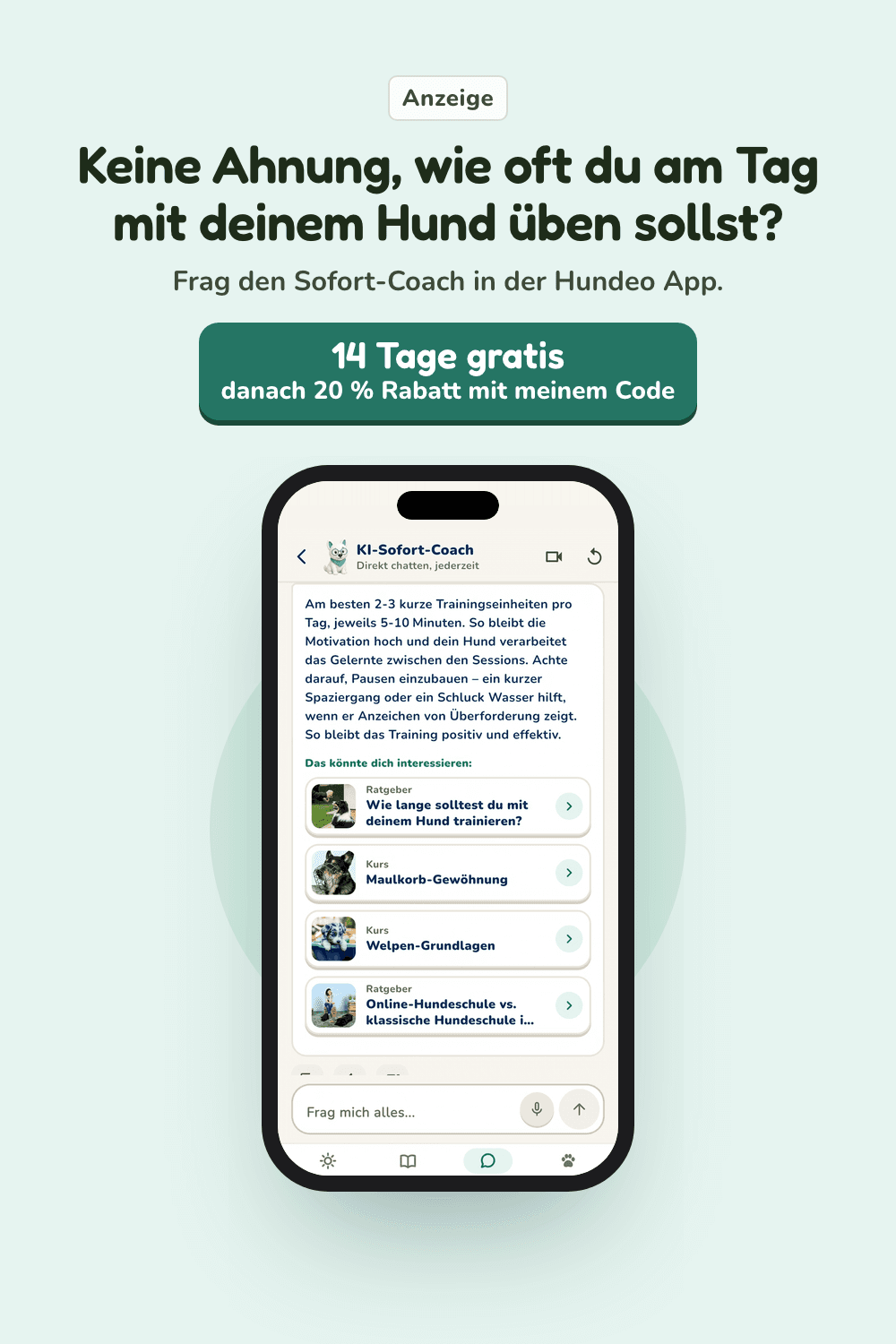 Bild-Pin für Pinterest mit einem Bildschirm aus der Hundeo App: Sofort-Coach