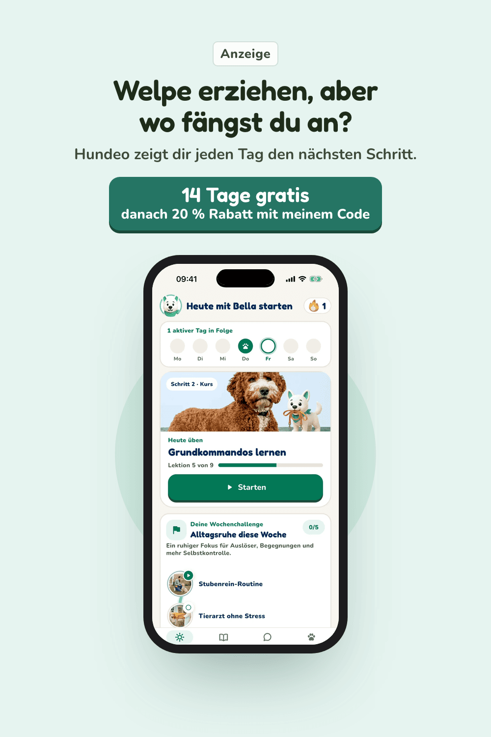 Bild-Pin für Pinterest mit einem Bildschirm aus der Hundeo App: Trainingsplan