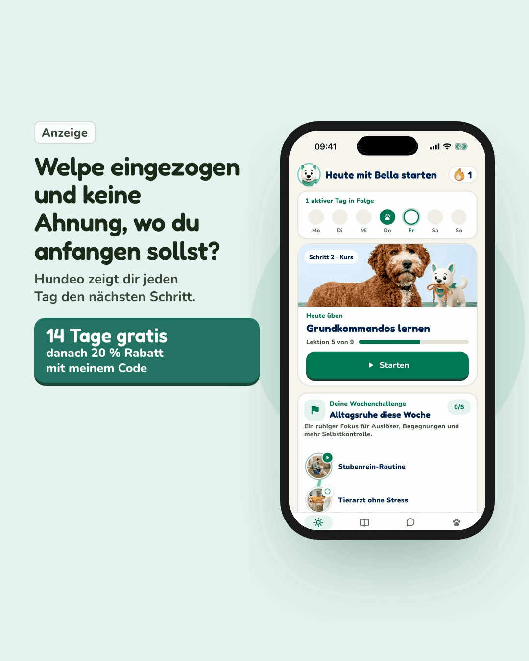 Vorschau aus der Hundeo App: Trainingsplan, Mit Text