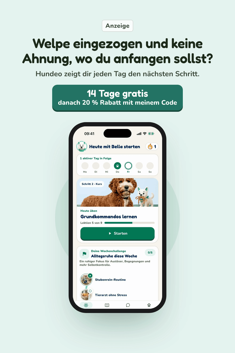 Vorschau aus der Hundeo App: Trainingsplan, Mit Text