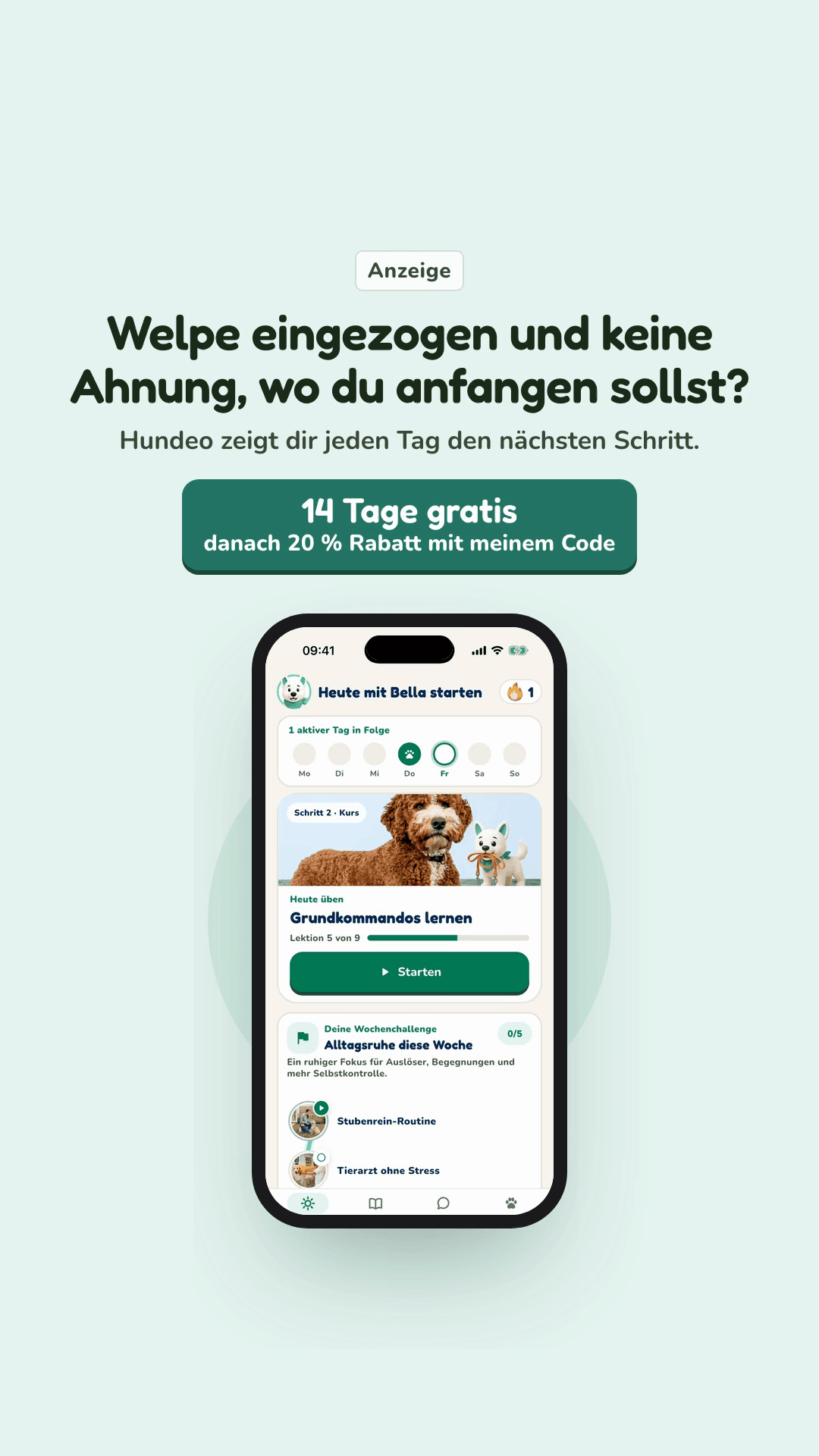 Vorschau aus der Hundeo App: Trainingsplan, Mit Text