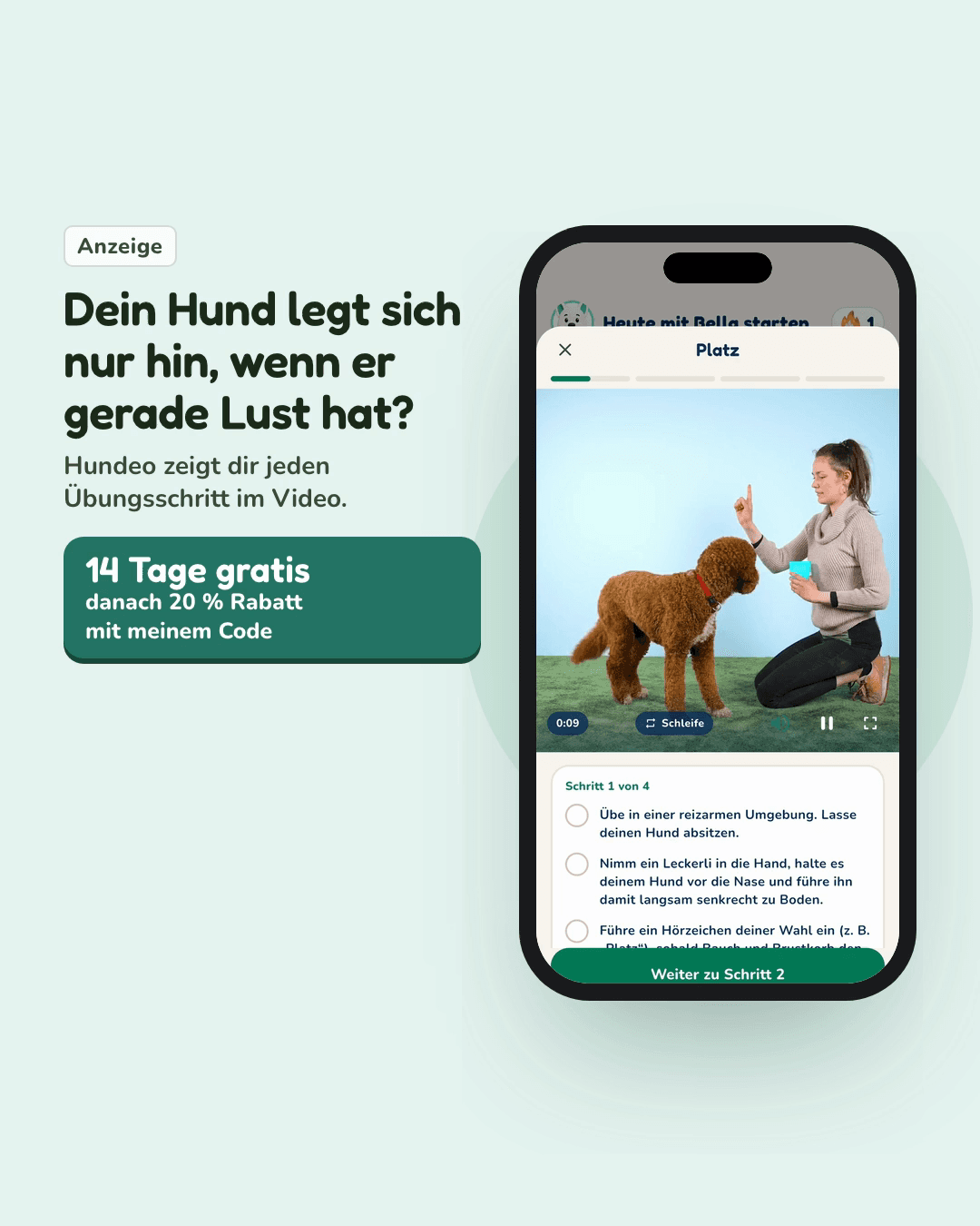 Vorschau aus der Hundeo App: Video-Anleitung, Mit Text