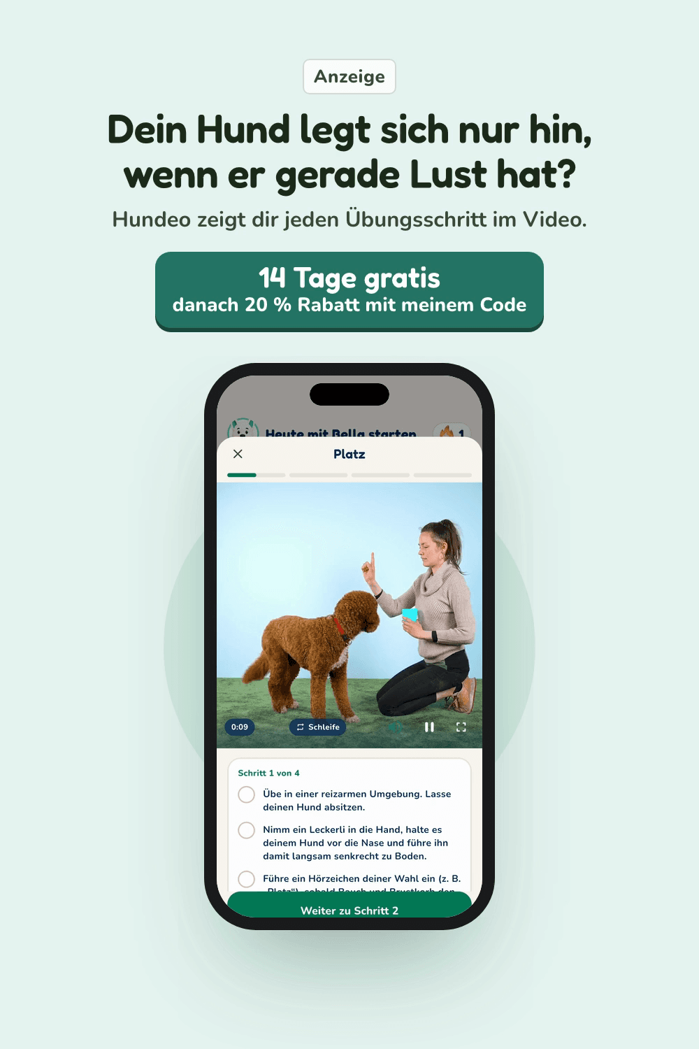 Vorschau aus der Hundeo App: Video-Anleitung, Mit Text