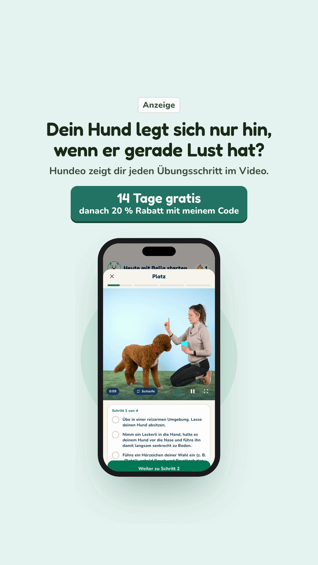 Vorschau aus der Hundeo App: Video-Anleitung, Mit Text