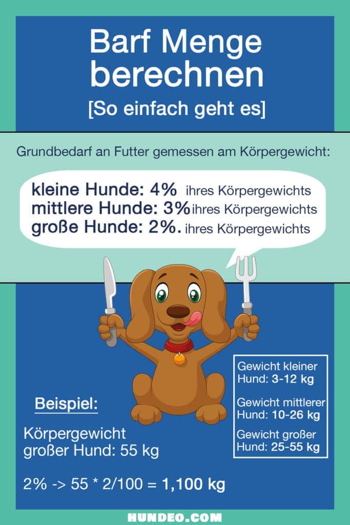 Eine Barfen-Anleitung zum Berechnen von Hundefutterportionen. Kleine Hunde: 4 % des Körpergewichts, mittlere: 3 %, große: 2 %. Beispiel: Ein 55 kg schwerer Hund braucht 1,1 kg. Der Hintergrund enthält eine spielerische Illustration und klare Gewichtskategorien, perfekt für Anfänger auf ihrer Fütterungsreise.