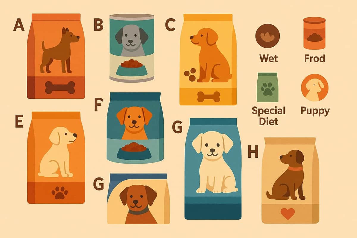 Eine bunte Illustration von Hundefuttermarken in ansprechenden Verpackungen, umgeben von Symbolen für verschiedene Futtersorten.