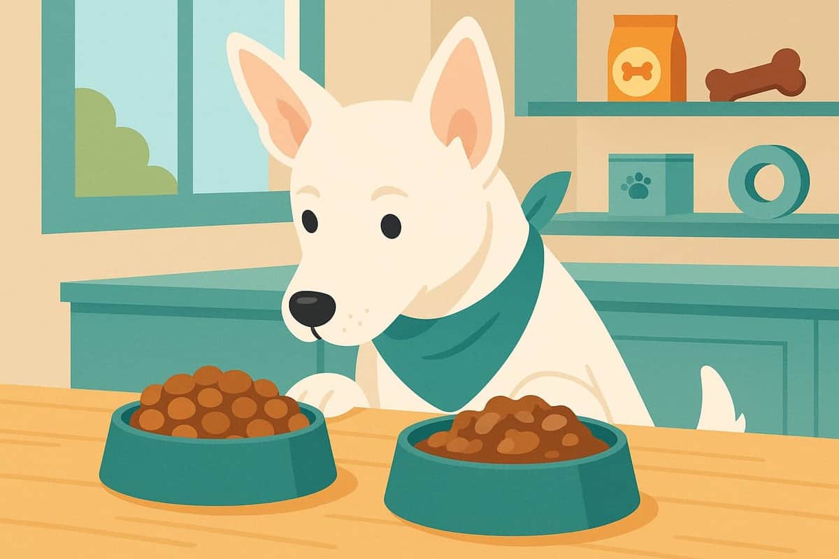 Hundeo Testmethode: Illustration eines neugierigen Labradors in einer modernen Küche, umgeben von Futterschalen und Tageslicht