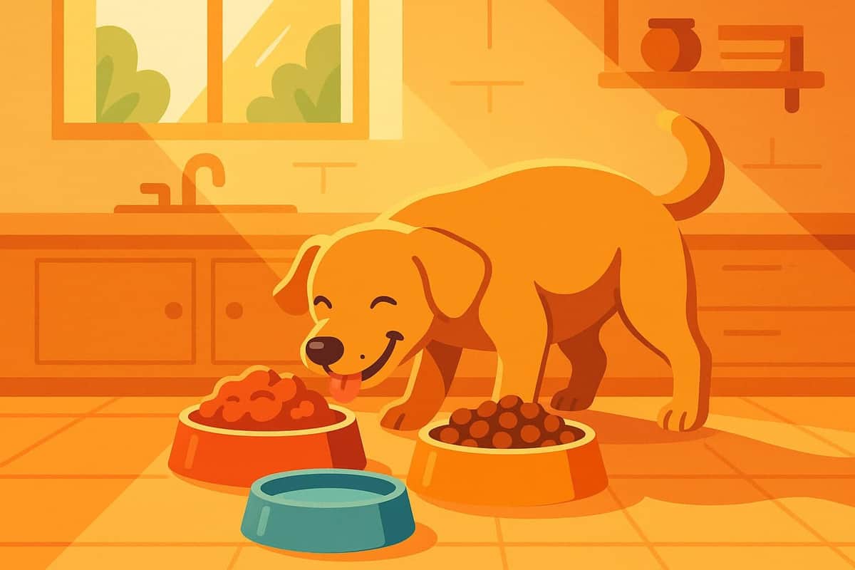Ein glücklicher Hund frisst aus zwei Schüsseln in einer sonnigen, gemütlichen Küche.