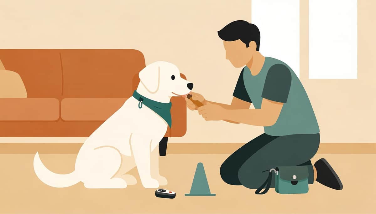 Hundebesitzer trainiert seinen Hund mit Leckerli und Clicker