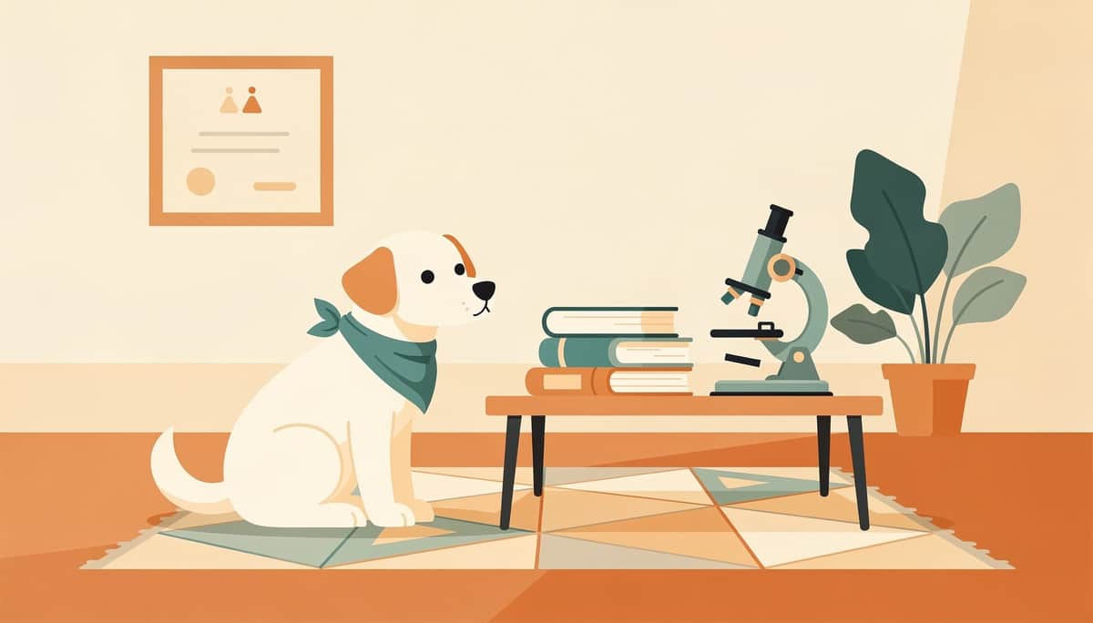 Hund mit Halstuch sitzt neben Büchern und Mikroskop in einem Arbeitszimmer