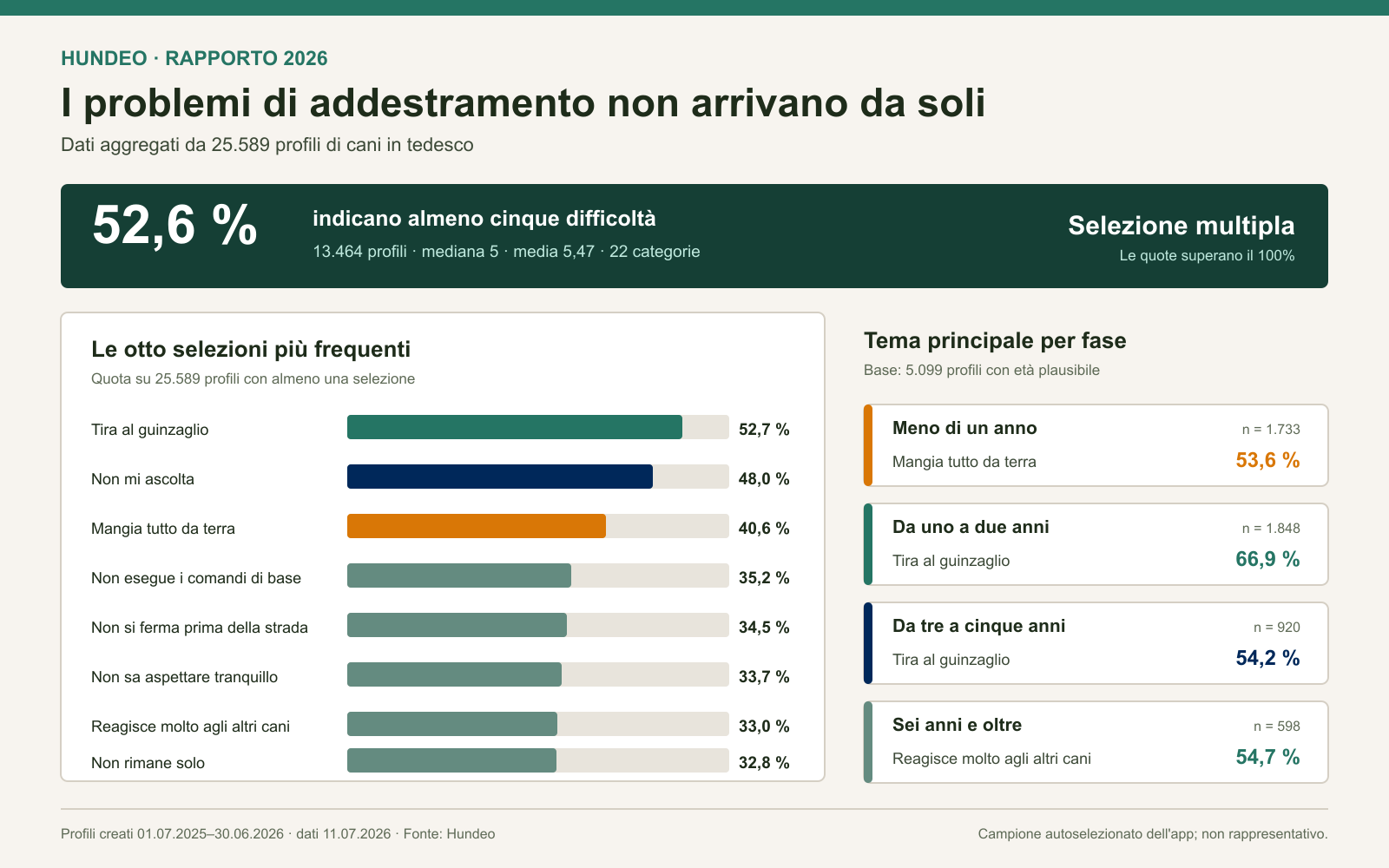 Rapporto Hundeo 2026 con carico dei problemi, difficoltà più frequenti e confronto per età