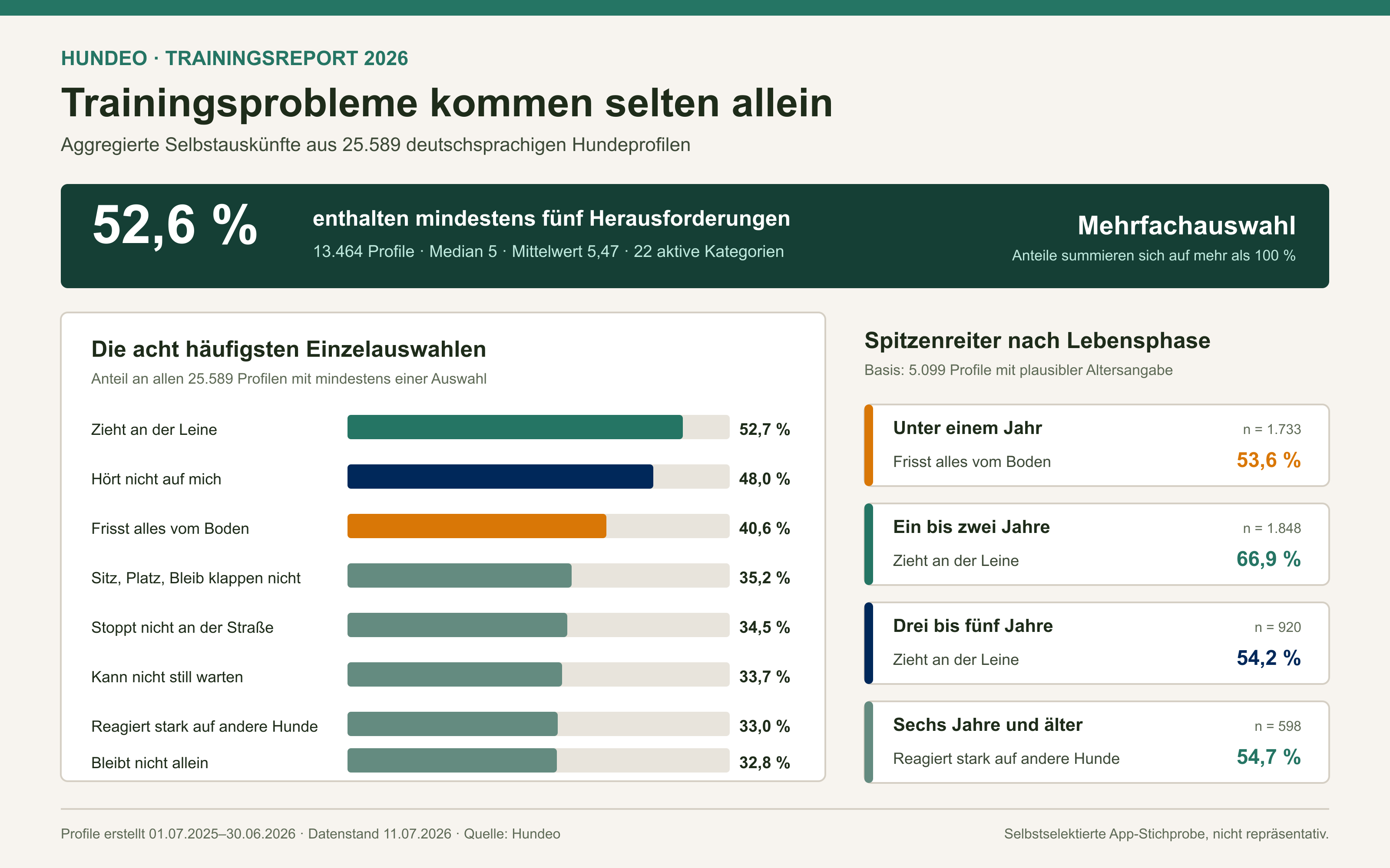 Hundeo Trainingsreport 2026 mit Problemumfang, den häufigsten Trainingsherausforderungen und einem Vergleich nach Hundealter