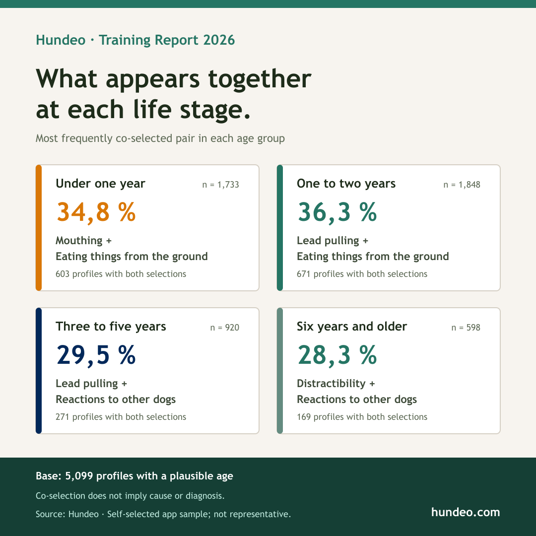 Hundeo data graphic: training challenges most often selected together by dog age