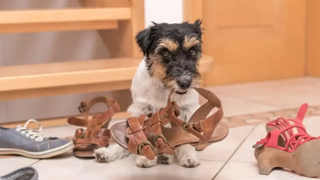 Hund knabbern Schuhe